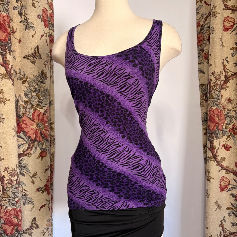 Miley Cyrus Max Azria Y2k Purple Animal Print Tank Top with Zebra and Leopard